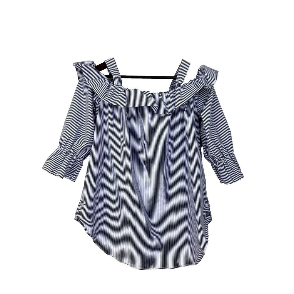 Janet Chung Womens Size L Blouse Blue White Striped Off Shoulder Ruffle Top H2 - Picture 4 of 12